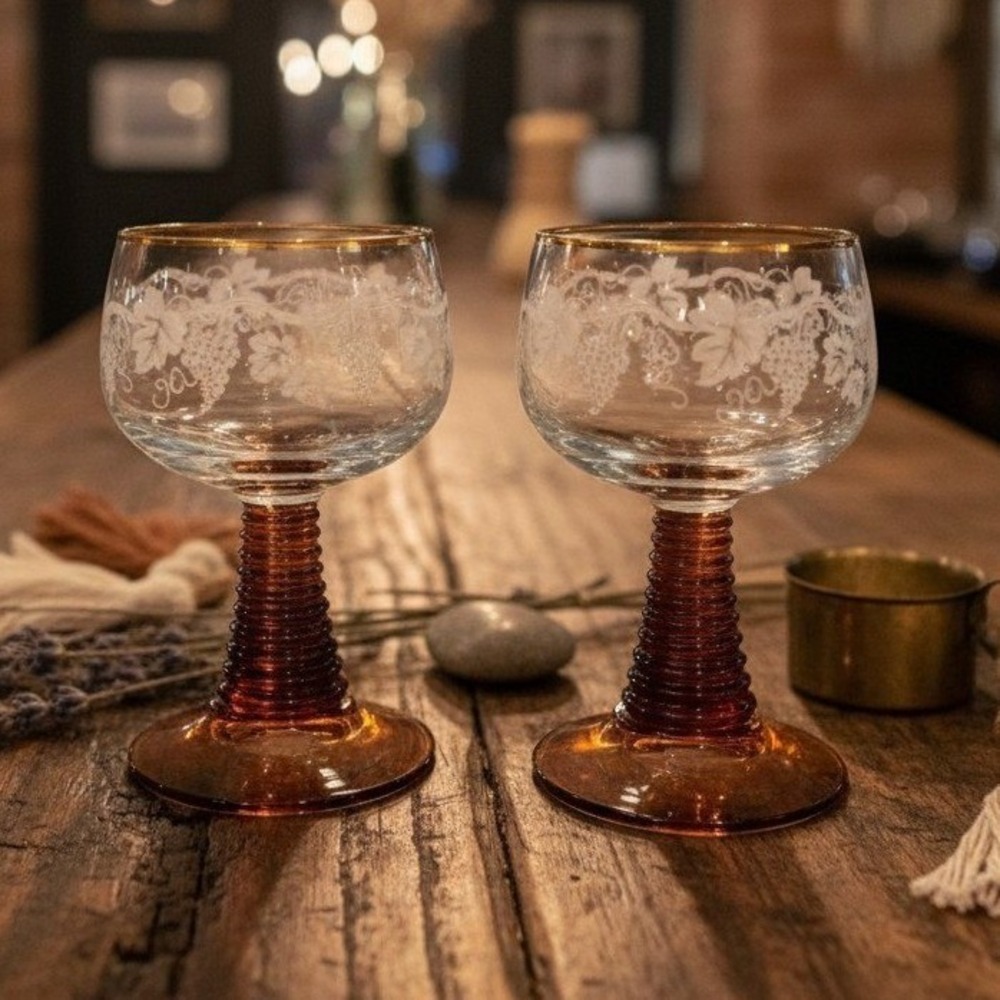 2 Vintage Roemer Beehive Amber Stem Goblet w/Grape Vine Etched Glass Germany *